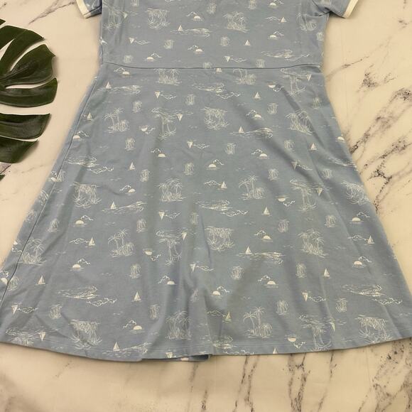 Lands End Womens Polo Shirt Dress Size L Pastel Blue White Tropical Palms Beach - Picture 10 of 10